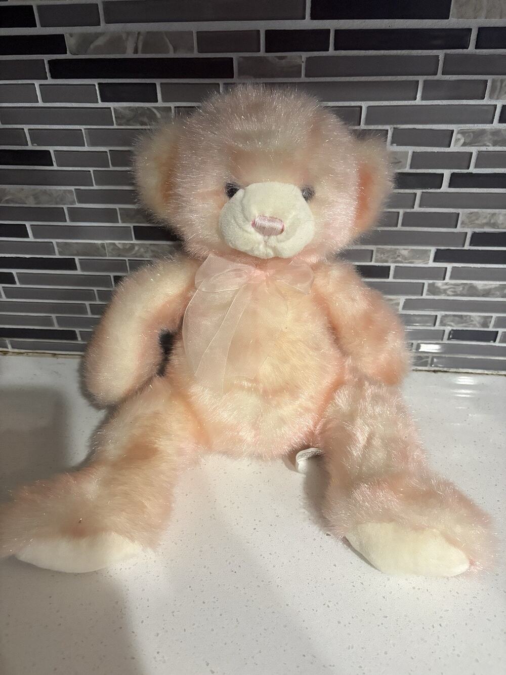 SKM Enterprises Pink Mohair Teddy Bear Vintage Collectible Stuffed Animal Bow